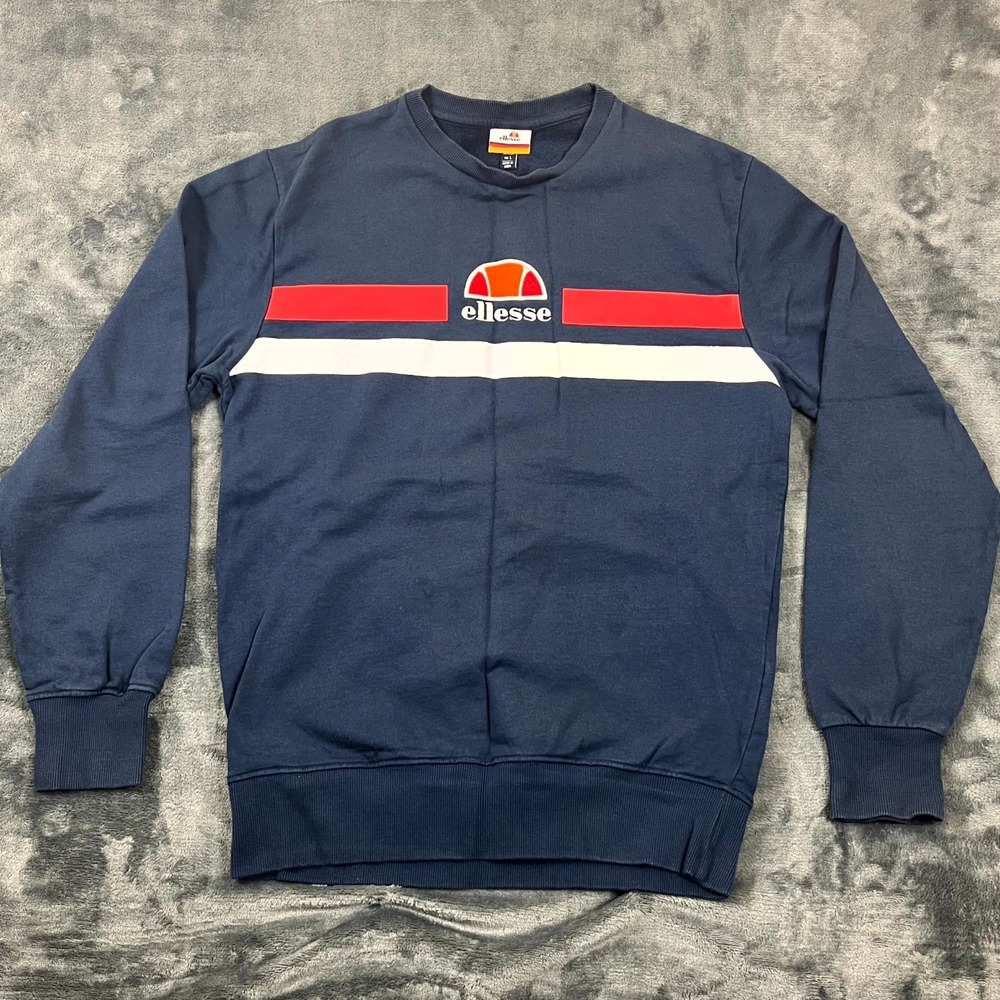 Ellesse Men Vete Duo Stripe Retro 80s Style Navy Sweatshirt Pullover Size Large